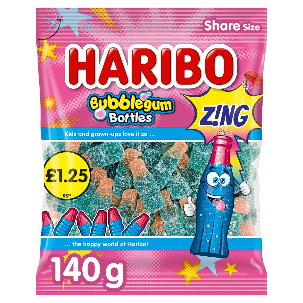 Haribo Bubblegum Bottles Z!ng Share Bags 140g case of 12