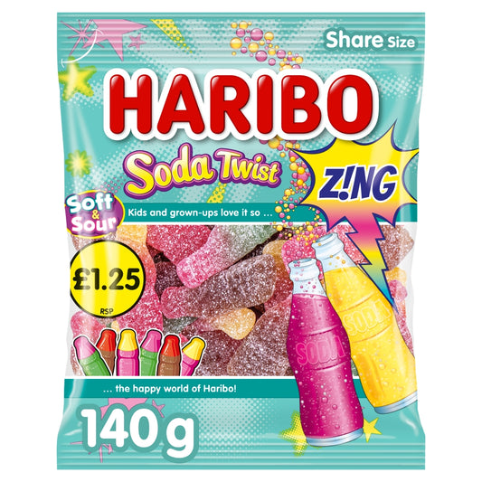 Haribo Soda Twist Z!ng Share Bags 140g case of 12